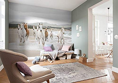 Komar - Fototapete WHITE HORSES - 368 x 254 cm - Tapete, Wandgestaltung,  Wandtapete, Mädchenzimmer, weiße Pferde, Pferde am Meer, Sandstrand - 8-986