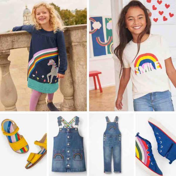 Bezaubernde Regenbogen Kindermode von Mini Boden: Kleid, T-Shirt, Latzhose und Schuhe mit Regenbogen-Motiv für Kinder.