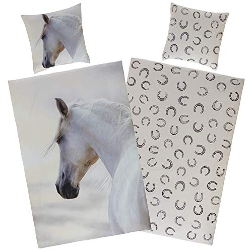 Aminata Kids Premium Pferdebettwäsche-Motiv, für Baumwolle mit weiß, Pferd, Schimmel, 135 Kinder-Bettwäsche-Set, Kinderbettwäsche mit 80 x cm Reißverschluss, x Pferde-Motiv 80 Mädchen 200 cm, 