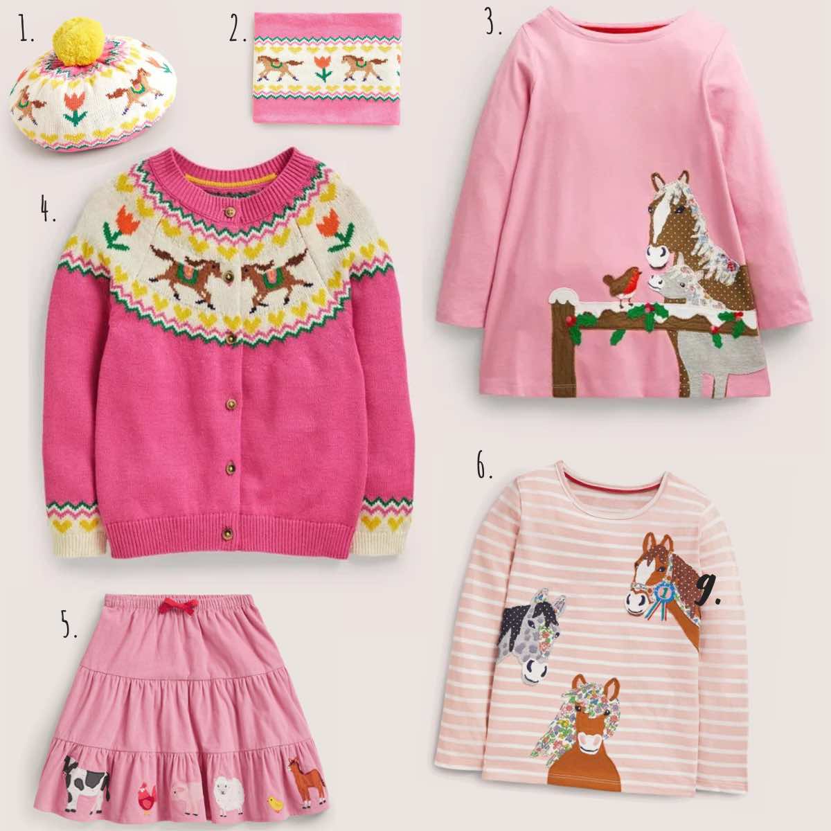 Mini Boden Pferde-Motiv Cardigan, Tunika, Mütze und Schal für die kalte Jahreszeit. Herbst und Winter Bekleidung für Kinder.